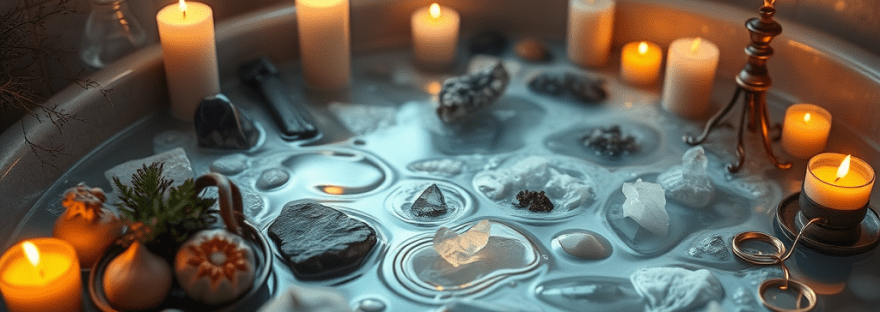 Rituel de Bain de Déblocage Spirituel favorisant la purification énergétique, la libération des blocages intérieurs et le rééquilibrage spirituel dans une ambiance de détente et de bien-être.